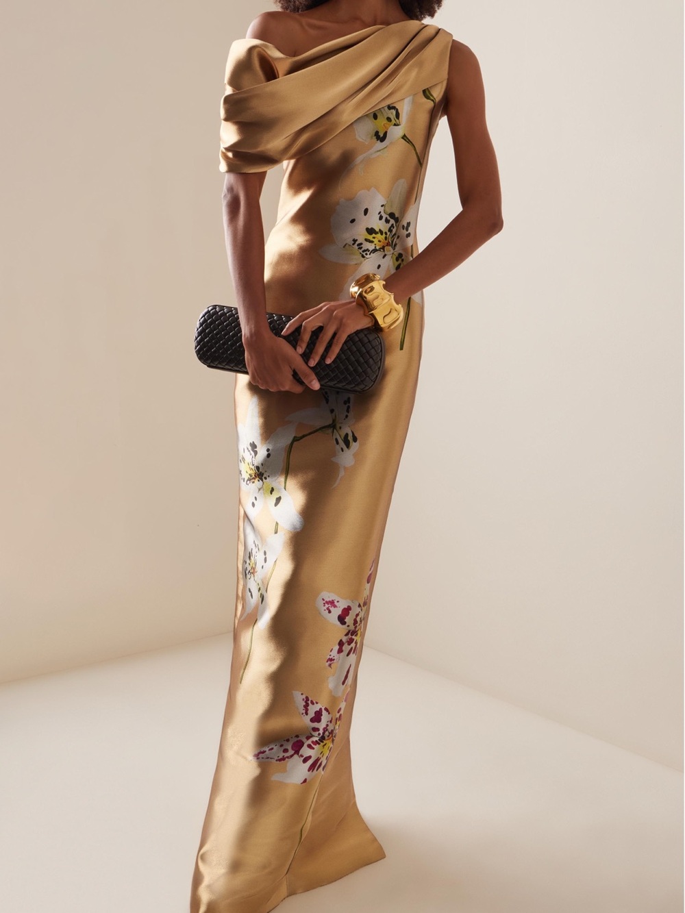 Gold One-Shoulder Satin Floral Evening Gown